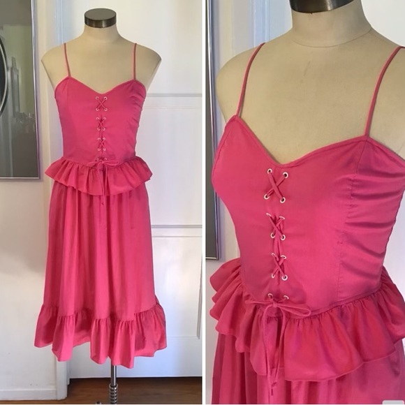 Pretty In Pink  vintage 80s corset Peplin, sweetheart midi dress - Picture 1 of 7